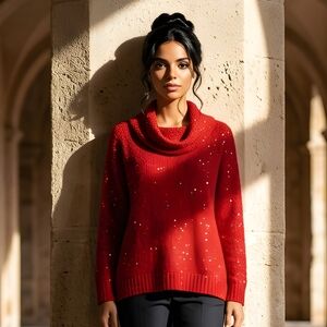 Madison Red Sequin Cowl Neck Sweater Small 3/4 Sleeves Pullover